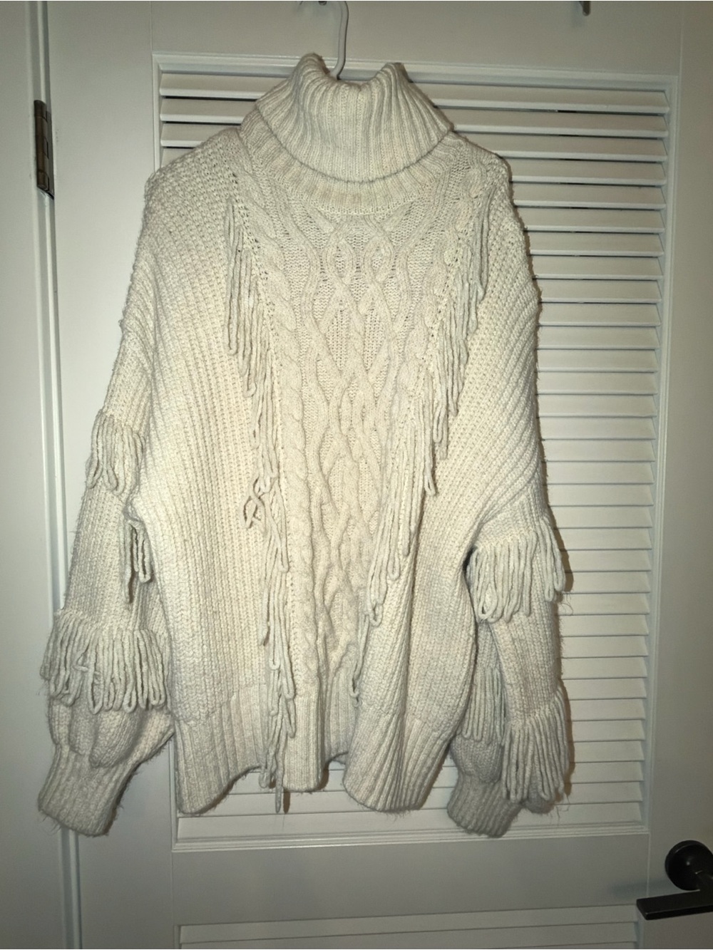 River Island Cream Cable-Knit Turtleneck Sweater with Fringe